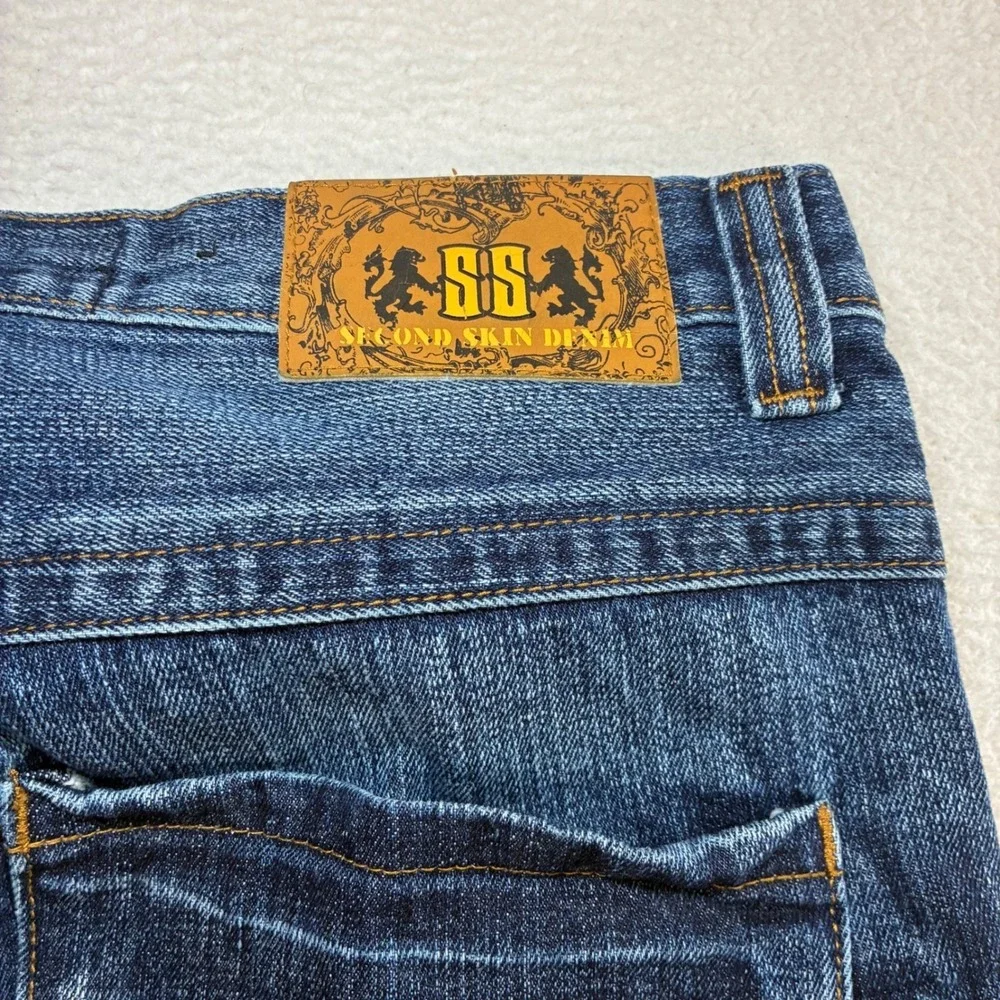 Y2K Second Skin Baggy Jeans Men 34x33 Blue Faded Whiskered Loose Straight Skater